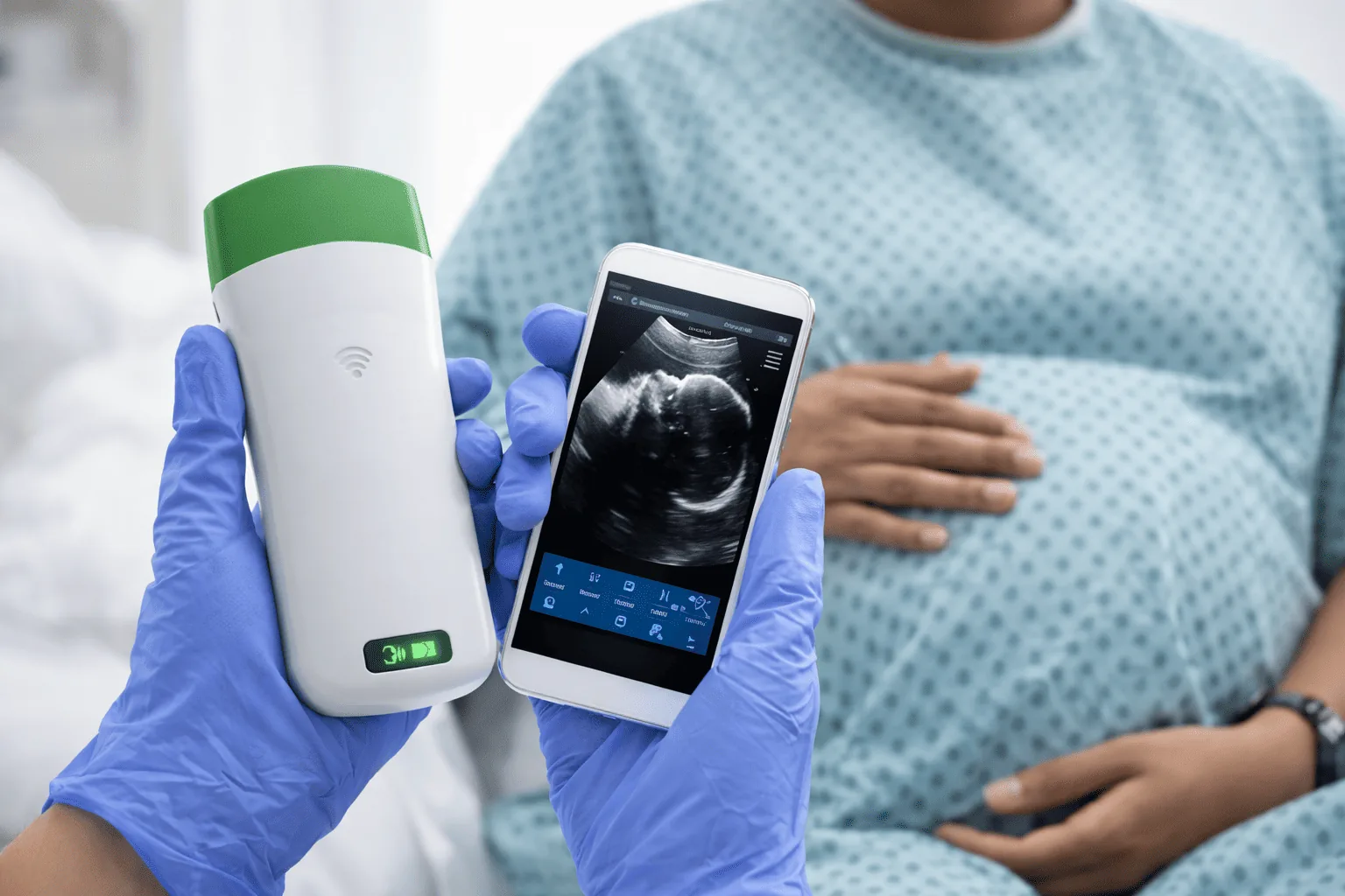 Sonde échographique sans fil Sonostar utilisée avec un smartphone